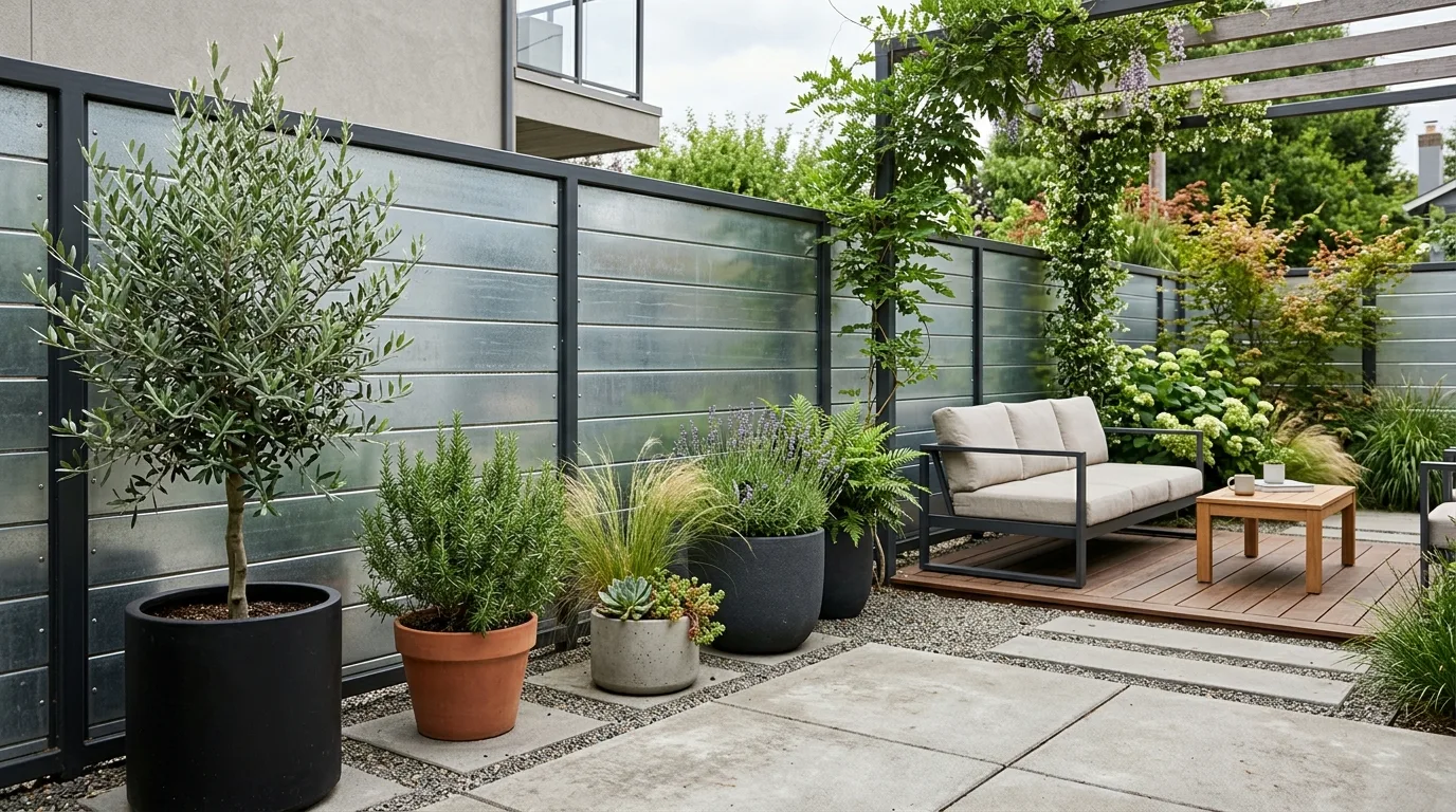 Minimalist Backyard With Horizontal Sheet Metal Panels